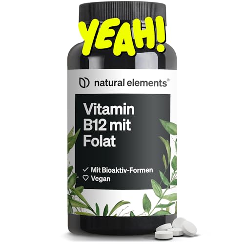 natural elements Vitamin B12 – 180 vegane Tabletten für 6 Monate – 500µg Vit B12 und 200µg Folsäure pro Tagesdosis...