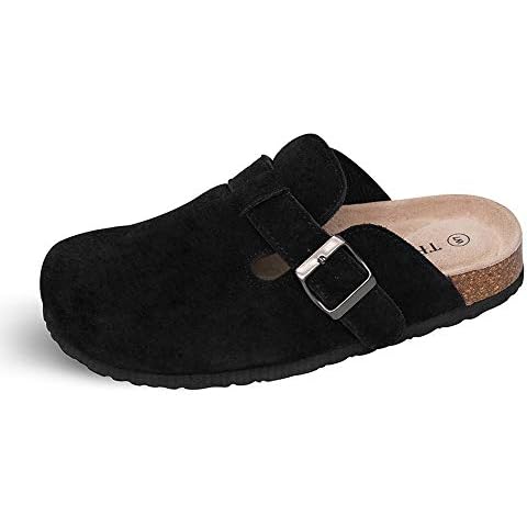 TF STAR Unisex Soft Footbed Clog Cow Suede Leather Clogs, Cork Clogs Shoes for Women Men Black 6 Cover