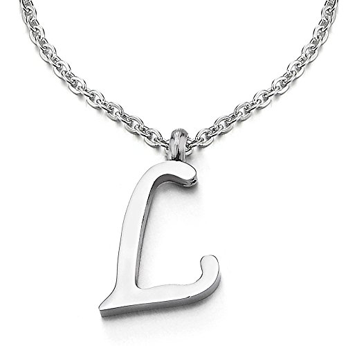 COOLSTEELANDBEYOND Nom Initial Lettre Alphabétique L Pendentif - Collier pour Femmes Homme - Acier - Couleur Argent - 50cm Corde Chaîne