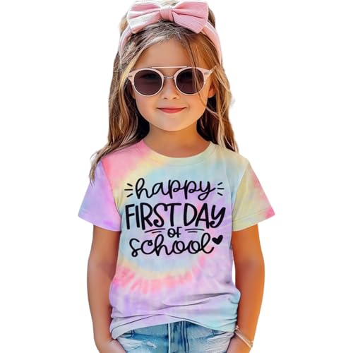 Happy First Day of School Shirt Kids Toddler Girls Back to School Outfit T-Shirt Tie Dye Short Sleeve Tee Top 3-10Y