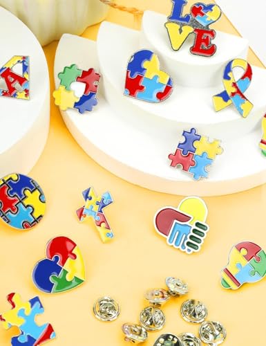 Image of JUNEBRUSHS 28pcs Autism Awareness Brooch Pins Colorful Puzzle Pieces Inspirational Lapel Pins for Adults Autism Awareness Party Gift Supplies Clothes Decor Accessories