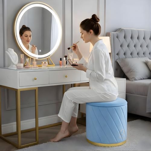 Image of Luxury Round Velvet Ottoman Stool with Gold Base - Modern Upholstered Footrest Pouffe, Tufted Vanity Seat, Living Room Bedroom Dressing Stool (Sky Blue)