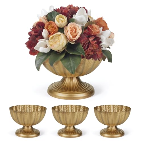 Set of 4, 9'' Wide 6.5'' High Distressed Gold Compote Pedestal Vases, Antique Metal Large Gold Compote Bowl Vase for Centerpieces with Waterproof Liner