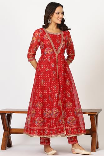 Image of W for Woman Women's Polyester Crimson Red Embroidered Flared Kota, Straight Kurta and Pant with Dupatta Set