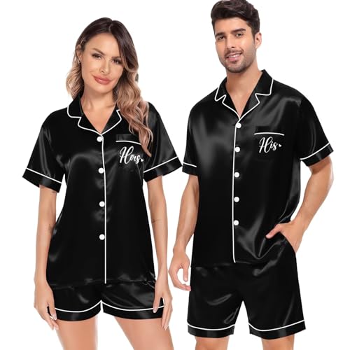 Image of SWOMOG Satin Matching Pajamas Sets Couple Silk Button Down Nightwear Women & Men Short Sleeve Sleepwear 2 Pieces Loungewear