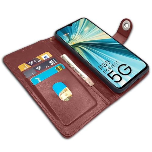 Image of Pikkme itel P55 5G Flip Cover Leather Finish | Inside TPU with Card Pockets | Wallet Stand and Shock Proof | Complete Protection Button Flip Case (Brown)