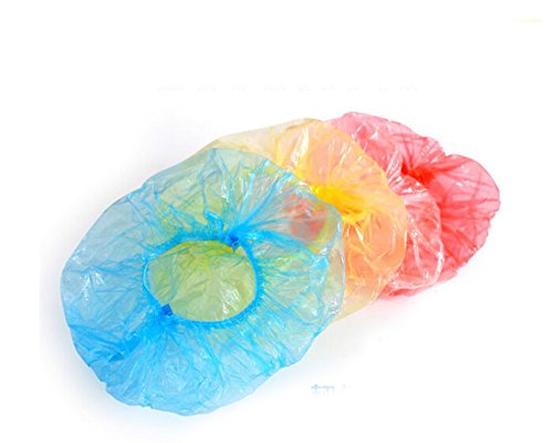 Flyusa 50 Pcs Disposable Waterproof Plastic Shower Caps Elastic Bath Caps for Spa,Home Use,Hotel and Hair Salon,Blue