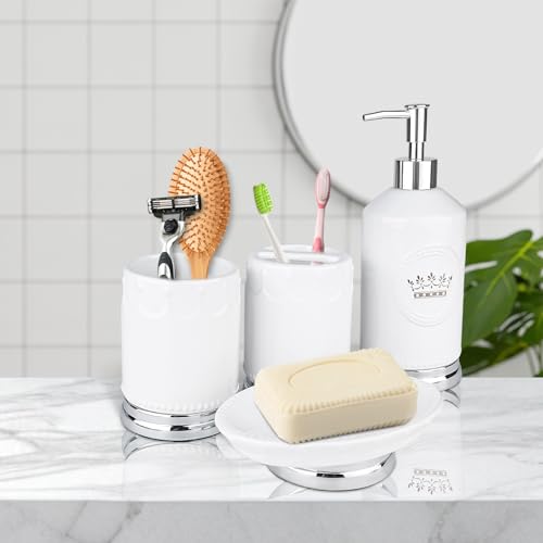 Bathroom Accessory Set, 4 Pcs Ceramic Sets with Crown Motif, Toothbrush Holder, Soap Dispenser, Soap Dish, Tumbler Cup, Modern Bathroom Sink Set Vanity Countertop Decor, White and Silver