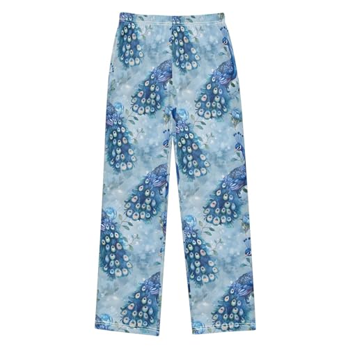 ALAZA Peacock Seamless Watercolor Pattern Pajamas Bottoms with Pockets Comfy Pjs Sleepwear Elastic Waistband Pajamas Pants Lounge Pants for 6-14 Years