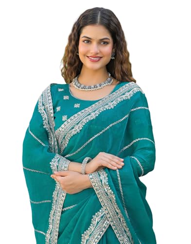 Image of SIRIL Women's Shimmer Chiffon Scalloped Border Sequins Embroidery Saree With Unstitched Blouse Piece