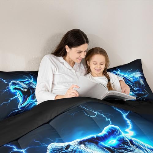 Image of Dinosaur Bedding Set Full Size Kids 3D Dino Print Comforter Set for Boys Girls Teens Jungle Dino Duvet Quilt Breathable Soft Microfiber Lightning Blue Room Decor Wild Animal