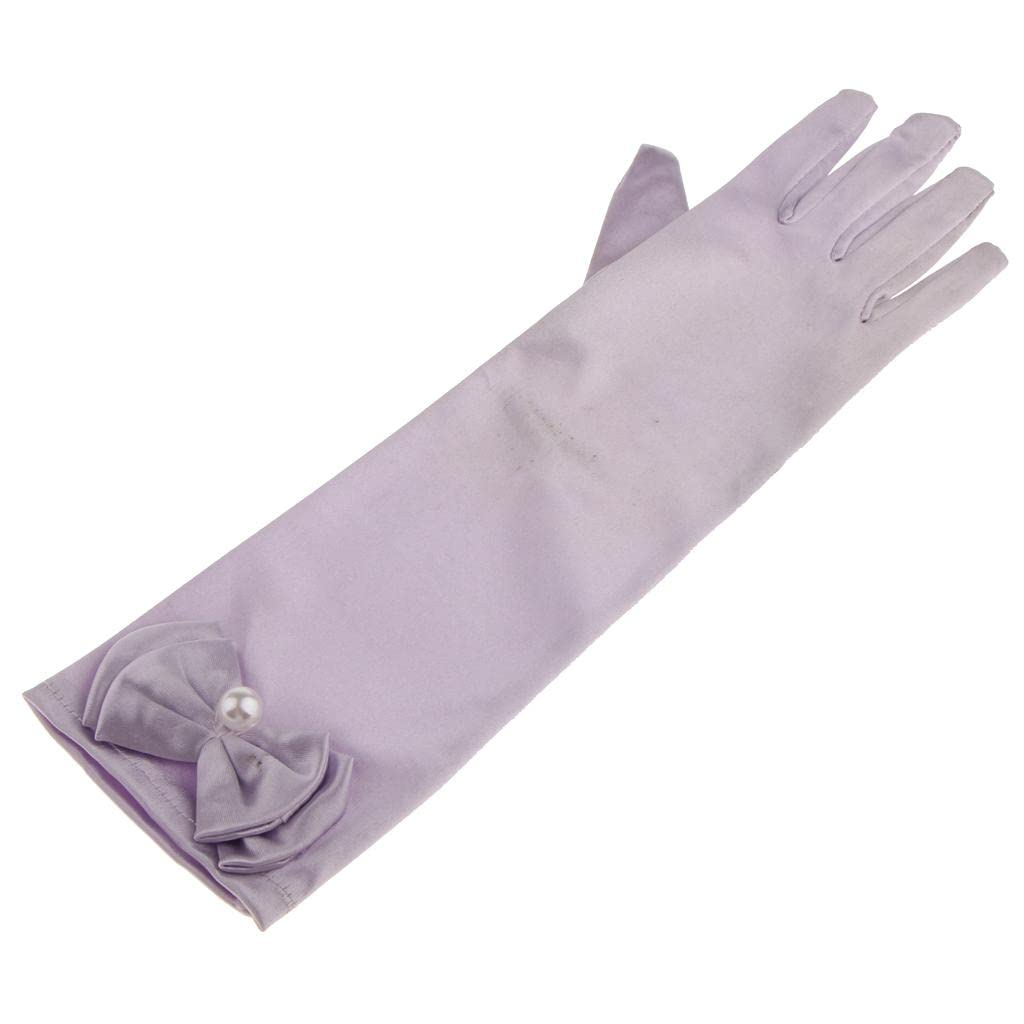 CALANDIS Ladies Satin Bowknot Pearl Gloves Wedding Bridal Party Costume Light Purple-image-35