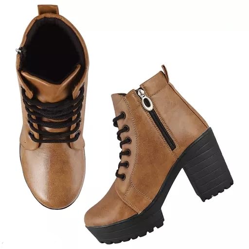 SLEEK STEP Womens Syntheic Casual Block Heel Ankle Derby Side Zip With Lace ups Boots For Girl (Color:-Brown, Size:-37) (B0CSJYWCGH) Amazon Price History, Amazon Price Tracker