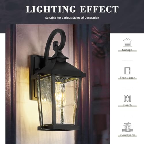 Image of zeyu 16 Inch Black Outdoor Light Fixture, 1-Light Exterior Wall Lighting Fixture for Porch Backyard, Die-Cast Aluminum with Seeded Glass, Black Finish, ZW105B BK