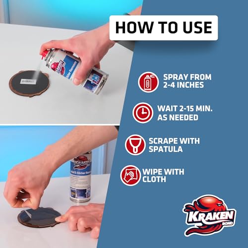 Image of KRAKEN BOND Label & Sticker Remover Spray - (12x5oz) Quick-Dissolve Adhesive Remover Spray with Citrus Scent, Removes Tar, Tape & Bumper Stickers on Multiple Surfaces, No Damage to Paint, 12 Pack