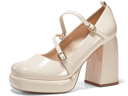 Coutgo Womens Mary Jane Heels Chunky Platform Loafer Shoes Block Heel Closed Square Toe Pumps Cross Strap High Heel Dress Shoes - Main Image