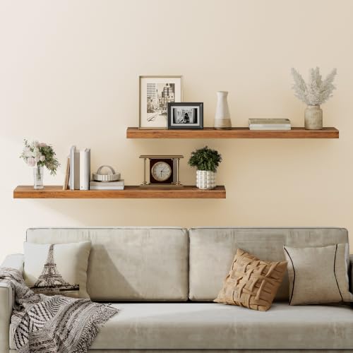 Image of HOOBRO Floating Shelves for Wall, Wall Mounted Shelf Set of 2, 55 inch Hanging Shelf with Invisible Brackets, for Wall Storage in Bathroom Bedroom Kitchen Living Room Office, Rustic Brown BF140BJP201