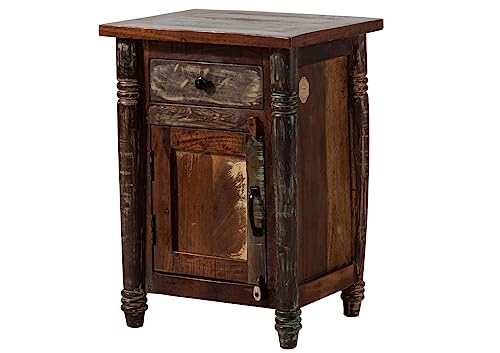MASSIVMOEBEL24.DE Nachttisch Fable aus Altholz, Nachtschrank Vintage aus Massivholz mit 1 Schublade und 1 Tür