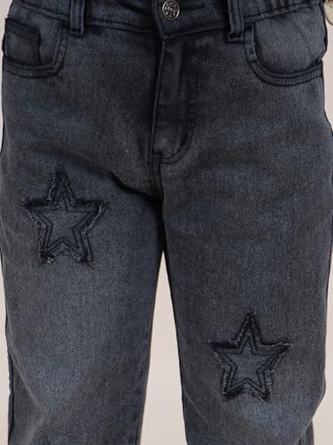 Image of KiddoPanti Girls Full Length Frayed Star Patch Washed Denim Jeans with Elasticated Waistband