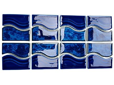 Tenedos Marble Blue Wavy Glossy Porcelain Pool Border Wall Tile – 6x12 Mesh-Mounted for Easy Installation – Ideal for Bathroom Wall, Shower, and Backsplash – Box of 10 Pieces