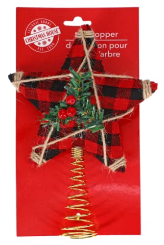 Rapl Fabric Buffalo Check Miniature 5 Point Star Tree Topper - 6.5 Inches Tall - Spiral Base (Red And Black) #TOP1