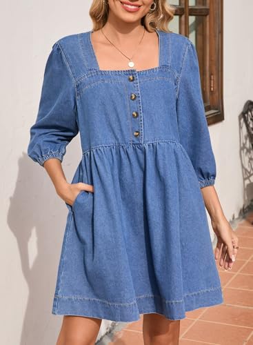 Image of Sidefeel Women's Spring Outfit Denim Dress 3 /4 Sleeve Loose Fit Square Neck Summer Jean Dresses with Pockets