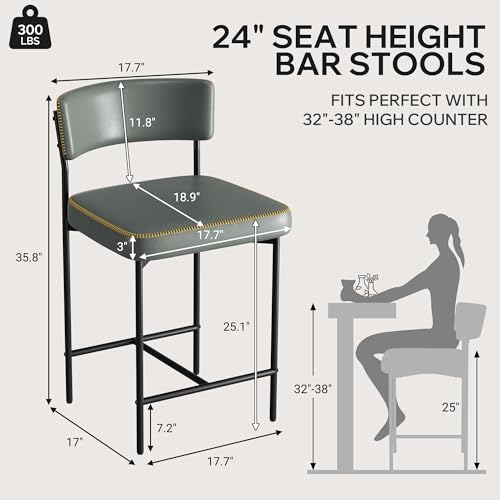 Image of Bar Stools, Faux Leather Counter Height Barstools with Curved Back, 25 Inch Upholstered Bar Chairs, Modern Counter Stools for Kitchen lsland, Grey