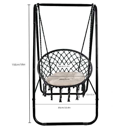 Pirny Hammock Chair With Stand，Macrame Hammock With Stand Included, Heavy Duty Hammock Chair Stand With Cotton Rope Hanging Swing Chair,Max330Lbs Hammock Stand For Indoor,Outdoor,Bedroom,Patio(Grey) #TOP4