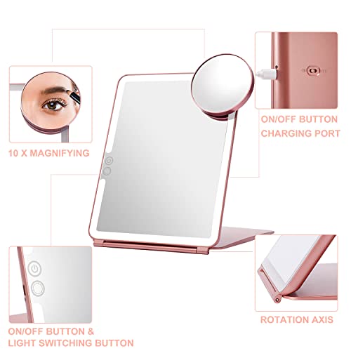 Led Foldable Travel Makeup Mirror - 7X9 Inches 3 Colors Light Modes Usb Rechargeable Touch Screen, Portable Tabletop Cosmetic Mirror For Travel, Cosmetic, Office (Rose Gold) #TOP4