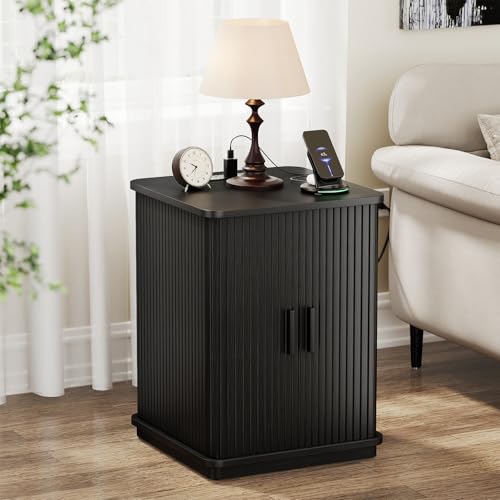 ONBRILL Square End Table with Storage & Charging Station, Fluted Accent Side Table with Sliding Door & Sturdy Pedestal, Mid-Century Modern Nightstand for Small Space, Living Room, Bedroom, Black