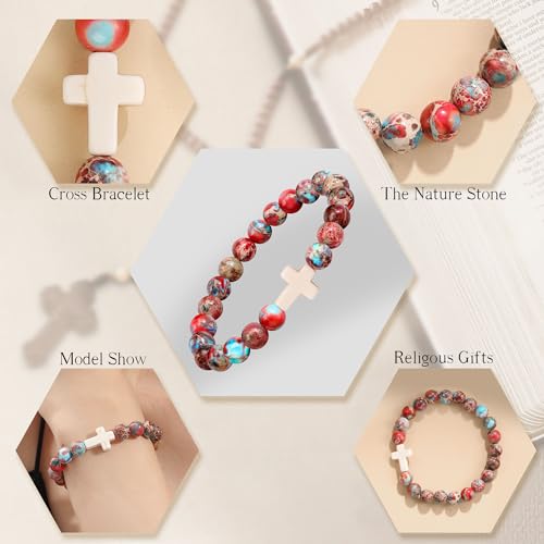 Image of Cross Bracelets for Women, Christian Gifts for Women Stocking Stuffers for Teens Cross Bracelet Imperial Nature Stone Bead Bracelet Confirmation Baptism Gift for Teen Girls Christmas Religious Gift Cathlic Faith Jewelry