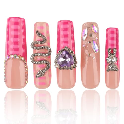 Handmade Press on Nails Party Star, Square Nails with Covered Crystals, Extra Long False Nails, Reusable Stick On Nails 10Pcs,Size L