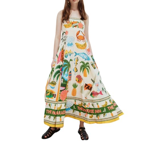 Women Summer Spaghetti Strap Long Maxi Dress Sleeveless Square Neck Elements Print Boho Beach Flowy A-Line Dress Bodycon Sundress (Multicolor, M)