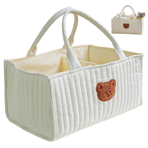 Cesta para pañales, cesta acolchada portátil con divisores extraíbles y asas para guardería, de almacenamiento para pañales, toallitas, juguetes, artículos esenciales para bebé, color blanco