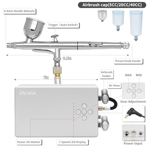 Ovaga 55PSI Ultra-Silent Airbrush Kit, Dual-Action Multi-Function Airbrush Set with Compressor for Painting Portable Air Brush Set for Cake Decoration Makeup Art Craft Nail Design Model Tattoo, Silver by Ovaga - Image 2