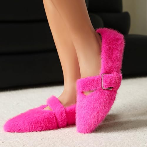 Elbslutt Fur Ballet Flats for Women Pointed Toe Buckle Faux Shearling Mary Jane Flats Comfy Ballerina Flats Fashion Fuzzy Winter Cream Fur Flats Wedding Party4