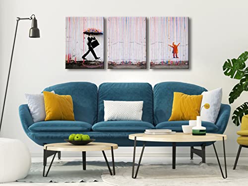 Wieco Art 3 Piece Banksy Famous Canvas Paintings Wall Art Raining day Modern Inspirational Grey Love Pictures Print Artwork for Kitchen Home Office Decor by Wieco Art - Used condition - Image 3