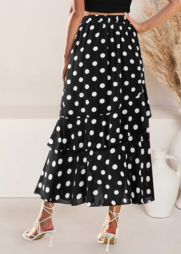BTFBM Women 2026 Spring Summer Long Skirts Dress Boho Floral Elastic Waist Split Ruffle High Low Beach Maxi Skirt Clothes(Polka Dot Black, X-Large) — view 4
