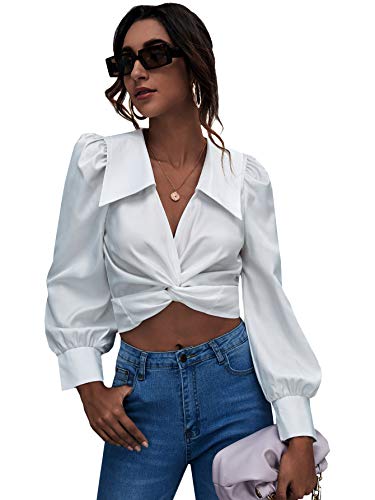 Milumia Women s Elegant Twist Front Tie Back Crop Tops Long Sleeve Lapel Neck Blouses Shirt White Large