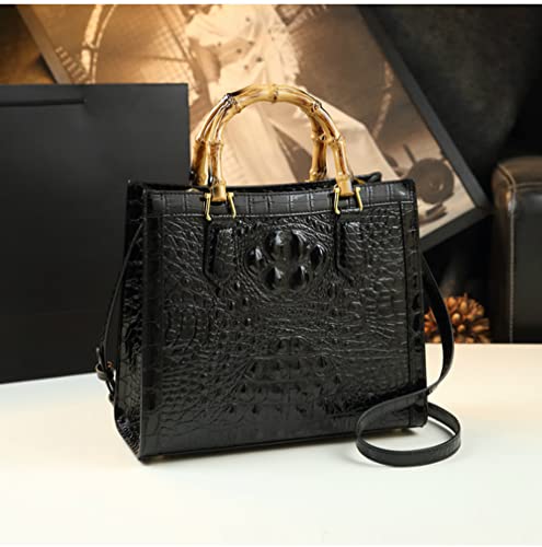 Crocodile Pattern Leather Women's Bag Bamboo Top-Handle Satchel Handbags Portable Tote Bag Shoulder Messenger Bags (Black) #TOP2
