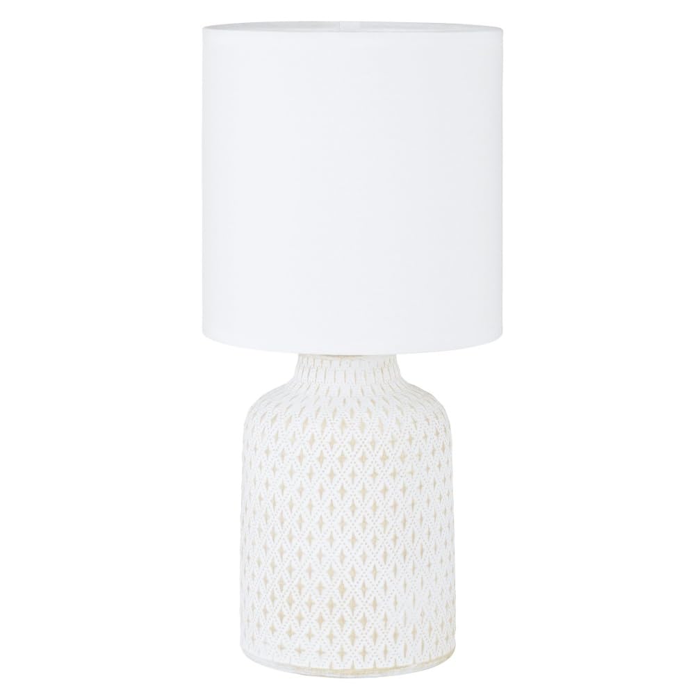 Britalia Cream Ceramic Vintage Geometric Boho Urn Base Table Desk Lamp With White Fabric Cylinder Drum Shade | 32Cm Height | 1 X E14 Lamp Bulb Required | Inline Switch | Modern Influence