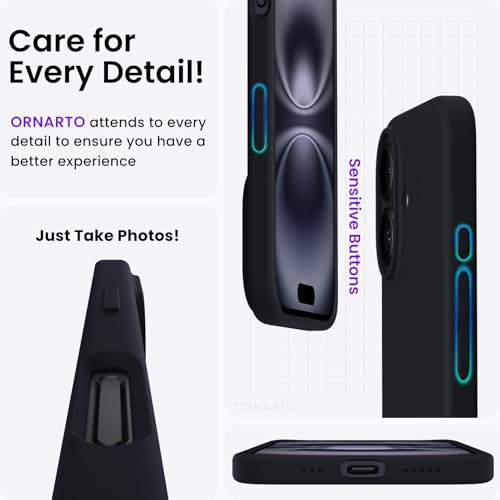ORNARTO Coque pour iPhone 16 Silicone (Noir) – vue 5