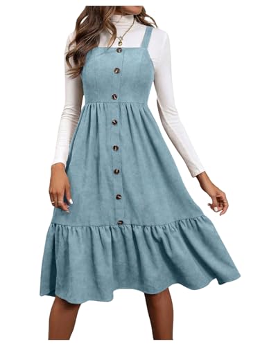 Image of WDIRARA Women's Button Front Sleeveless Ruffle Hem Pinafore Dress Corduroy Jumper Dress