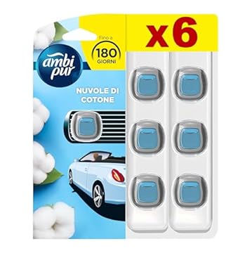 Ambi Pur Car Starter Kit Deodorante Per Ambienti Con Clip Cotone Per Eliminare Gli Odori Sgradevoli Dall’Auto, 12ml, 6 Pezzo
