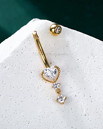COCHARM 10k Yellow Gold Belly Button Rings Dangling 14G Heart Gold Belly Rings for Women Clear CZ Gold Belly Navel Piercing Jewelry4