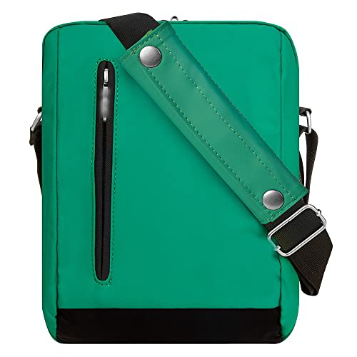 Maggie Compact Crossbody Messenger Bag 10 Inch - Water-Resistant Vinyl, Secure Zips, Tablet Ready, Green/Black
