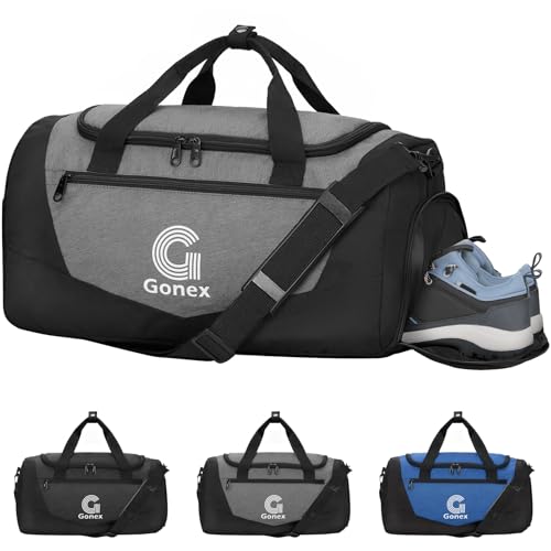 Image of Gonex Gym Duffel Bag 18 inch with Shoe Compartment Wet Pocket, Large Capacity Sports Duffle Bag for Men Women, Workout & Travel Bag with Multiple Pockets, Black /Gray, Small (30L)