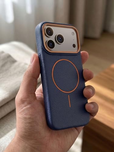 Image of amazon basics Luxury MagSafe Compatible Leather Texture Back Cover for iPhone 17 Pro Max | Raised Camera Protection | Slim Fit Shockproof Case with Metallic Accents (Dark Blue)