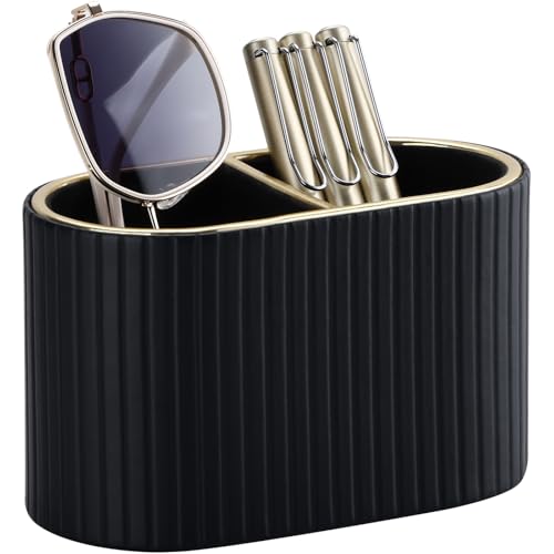 KINGFOM ペン立て 筆立て ペンスタンド縦ストライプ ペンホルダー ペンケース PUレザー おしゃれ 大容量 卓上収納 文房具 オフィス 学校 子供用 (ブラック)