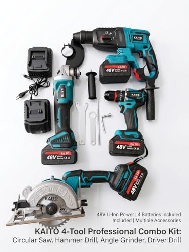 Image of KAITO Professional 4-in-1 Cordless Power Tool Combo Kit | 26mm Rotary Hammer, 125mm Angle Grinder, 5-Inch Circular Saw & 10mm Drill Driver | 4 Lithium-Ion Batteries, 2 Chargers & Carry Case